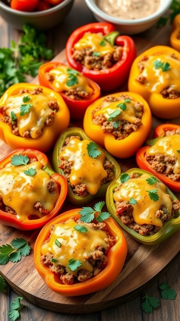 Stuffed bell peppers with ground beef and melted cheese on a wooden table.